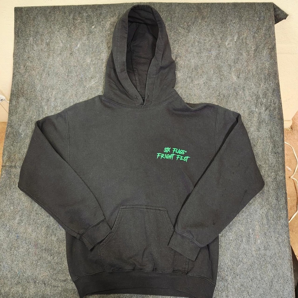 Six Flags Fright Fest Hoodie Mens Black Evil Clown Graphic Horror Sweatshirt
